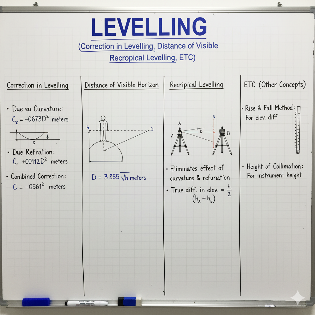 Levelling (Correction in Levelling, Distance of Visible Horizon, Reciprocal Leveling, ETC)
