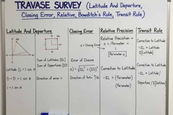 Traverse Survey (Latitude And Departure, Closing Error, Relative Precision, Bowditch’s Rule, Transit Rule)