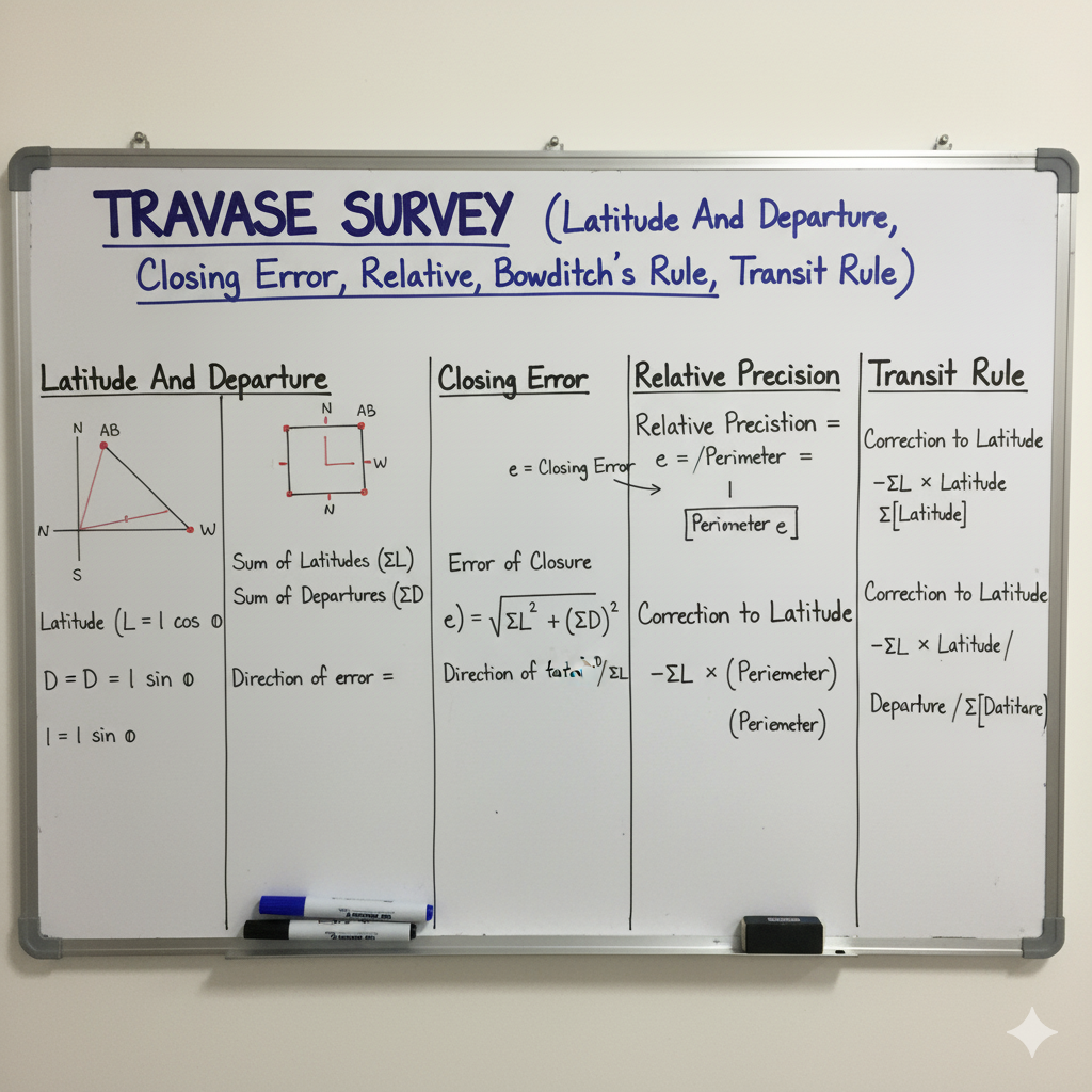 Traverse Survey (Latitude And Departure, Closing Error, Relative Precision, Bowditch’s Rule, Transit Rule)
