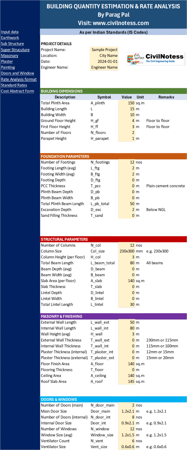 Building Estimation Excel Sheet by Parag Pal | Free Download ...