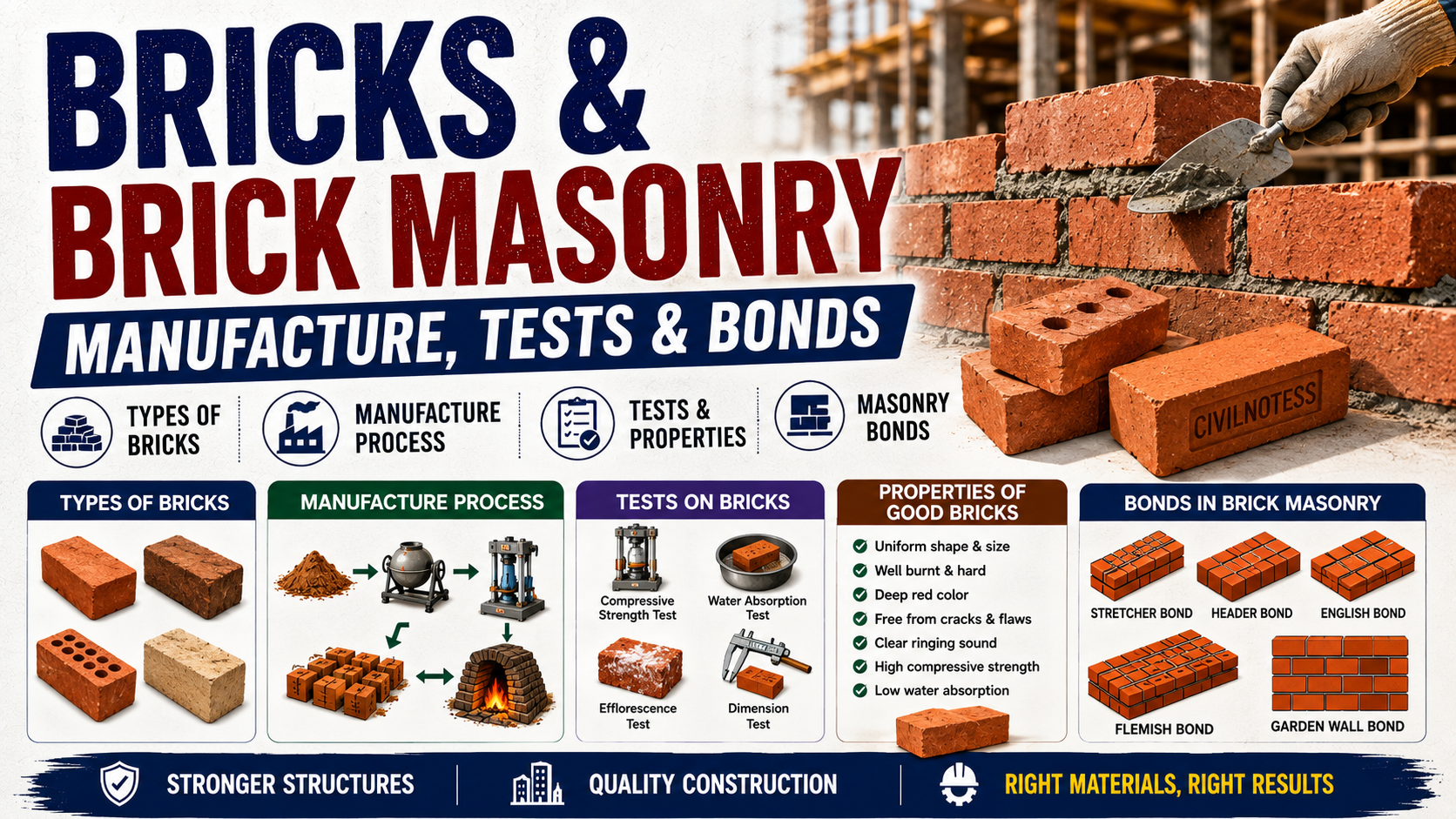 Bricks and Brick Masonry Manufacture, Tests, Bonds & Types Explained